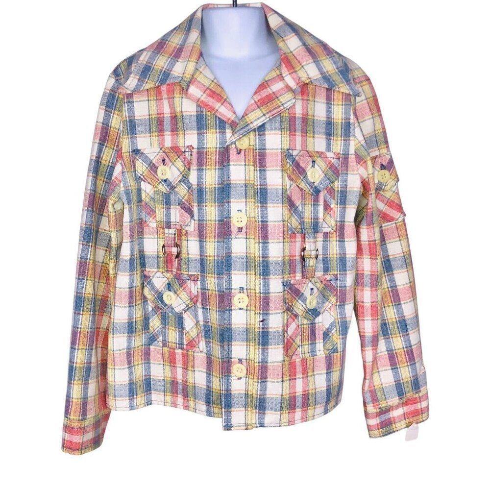 Vintage 50s Billy the Kid Boys Jacket Size 12 Blue Pink Plaid Western Rockabilly